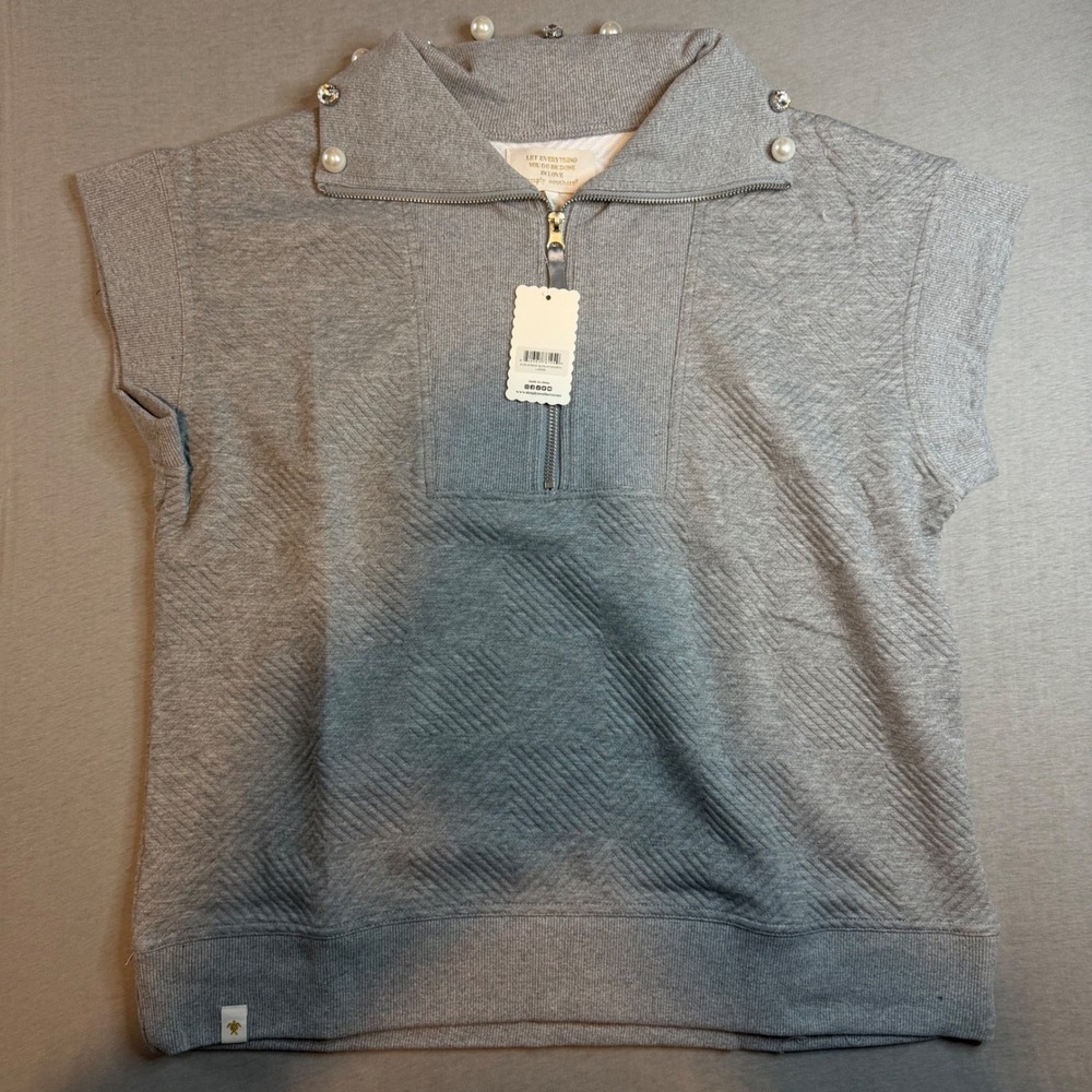 Simply Southern Heather Gray Quilted Pearl Rhinestone Quarter Zip Vest Womens‎ L